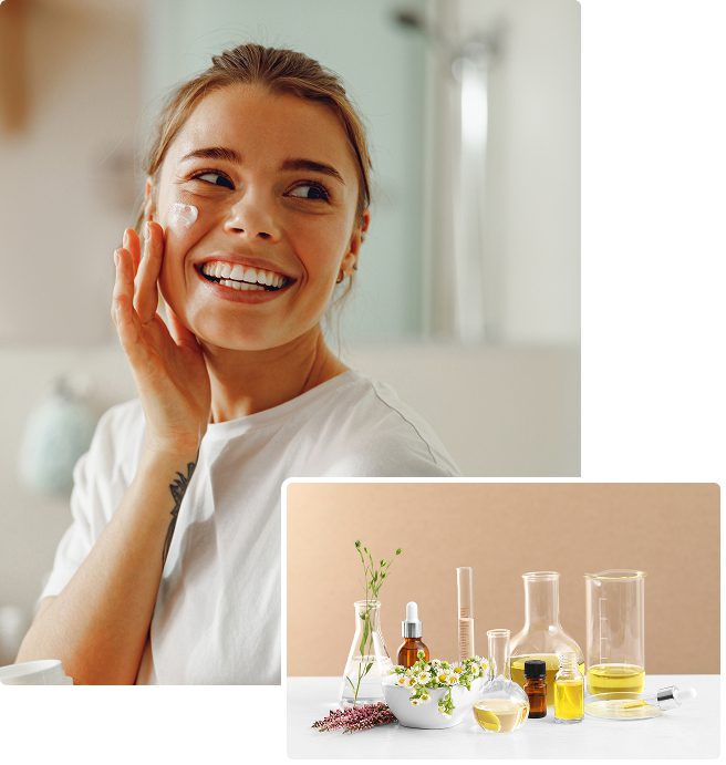 Woman applying skincare with natural products nearby.