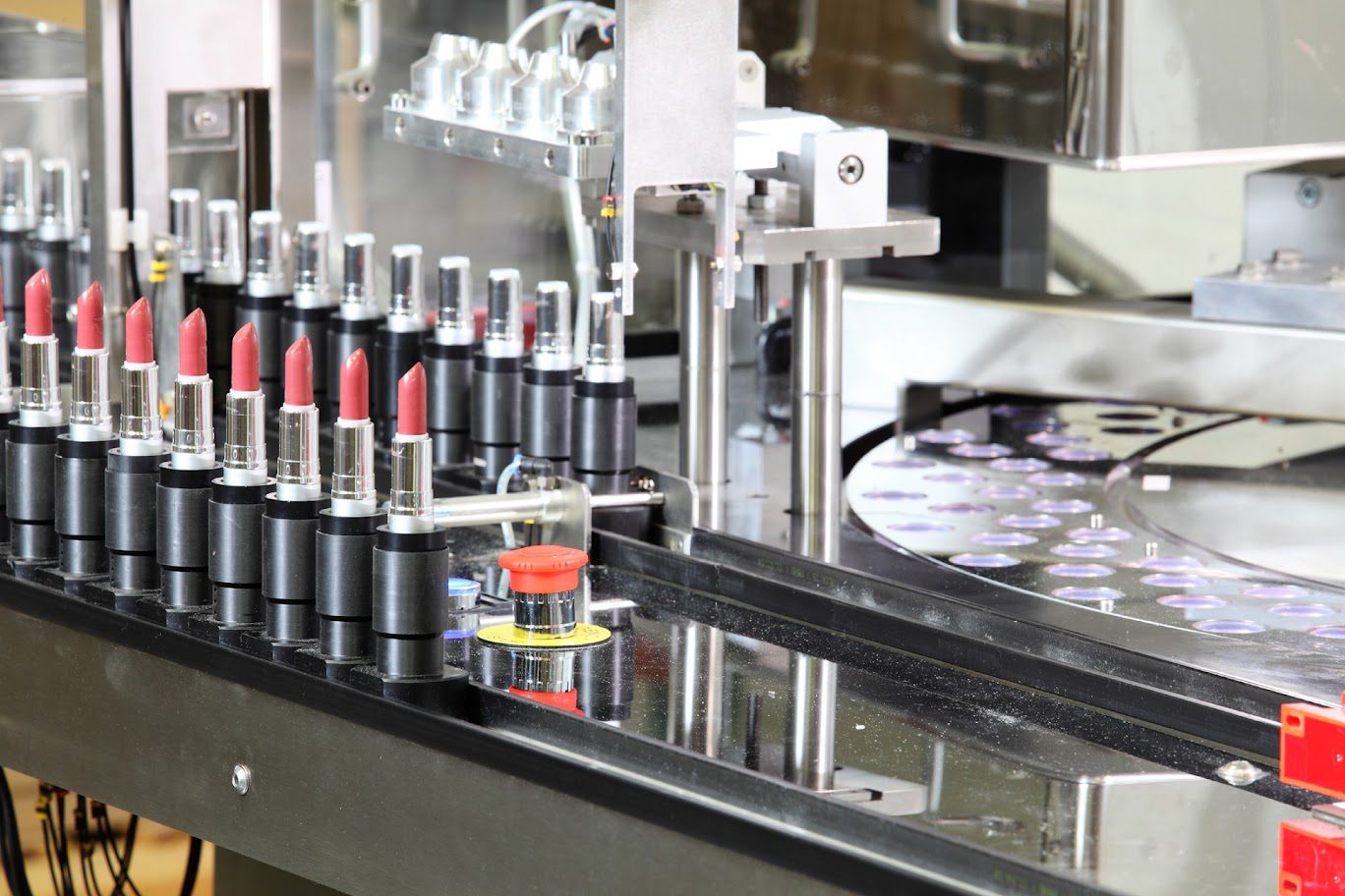 Lipstick assembly line in a factory.