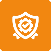 White shield with gear and checkmark on orange background.
