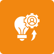 White light bulb and gear icon on orange background symbolizing innovation and process.