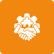 White handshake and puzzle piece icons on orange background symbolizing teamwork.