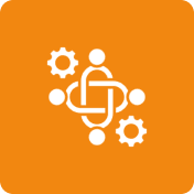 Four people icons connected with gears on an orange background.