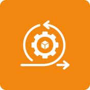 A white gear with a cube inside and circular arrows around on an orange background.