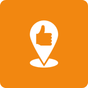 A thumbs-up icon inside a location pin on an orange background.