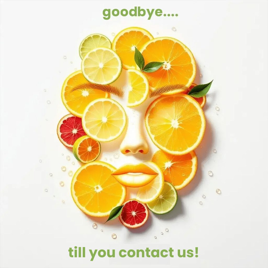 A face made from citrus fruits and berries with a message.